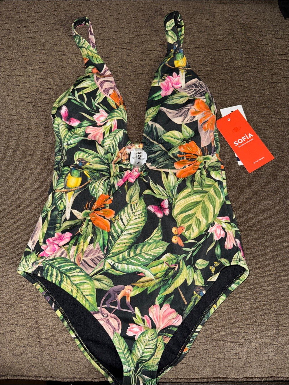 Sofia Vergara Black Tropical One-Piece Swimsuit with Green & Pink Floral Print
